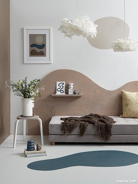 A lounge painted with calming colours - painted organic shapes