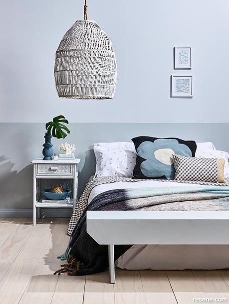 A calming tonal blue bedroom