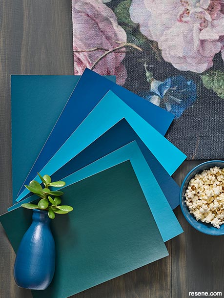 A moodboard featuring bright cobalt blue and exotic jade green