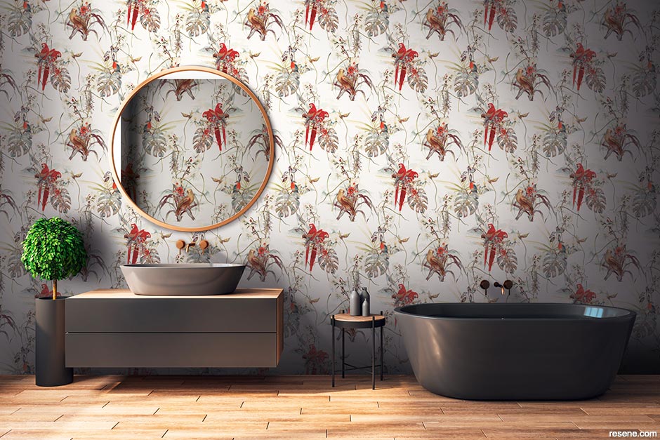 A bathroom with washable wallpaper