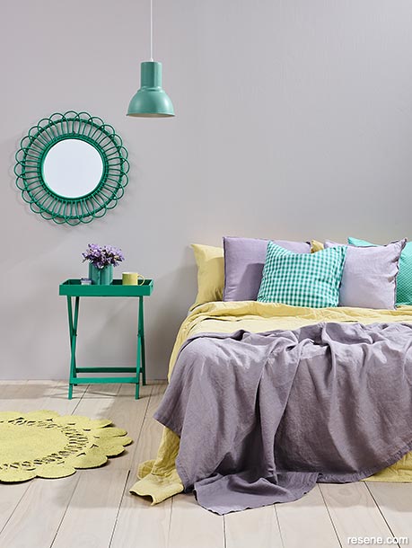 An uplifting subtle colour palette features in this bedroom