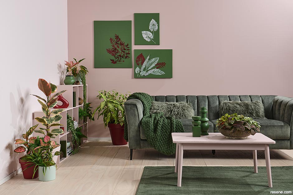 An interior painted with soft pink and botanic green