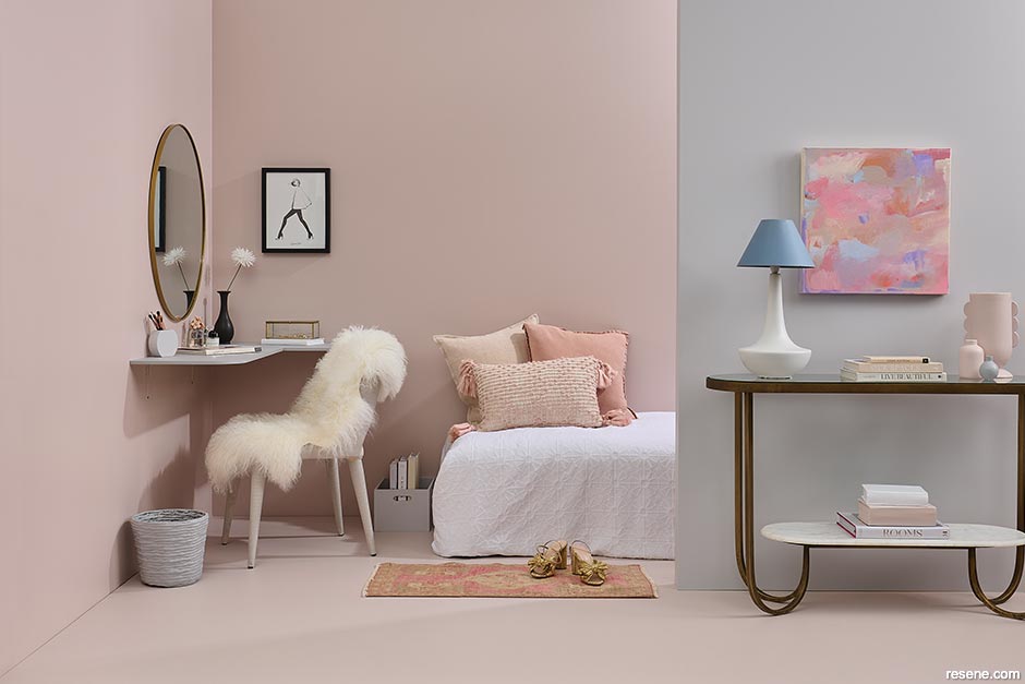 A stylish and sophisticated pastel-on-pastel interior