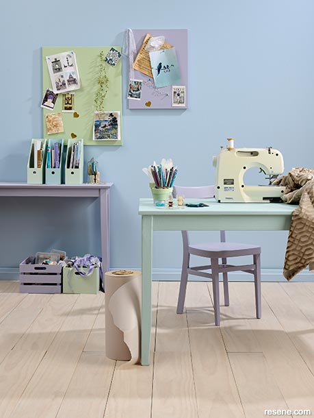 An arts and crafts room with a fresh colour scheme