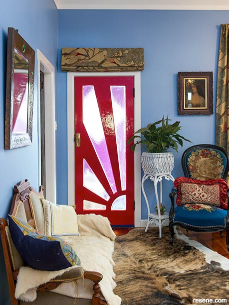 A bright red living room door