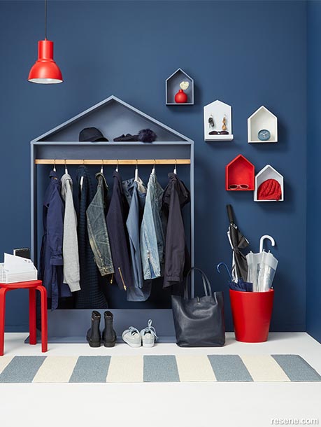 A fun blue and red mudroom