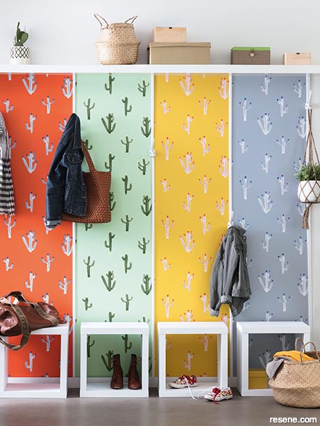 A colourful mudroom with a locker style set-up