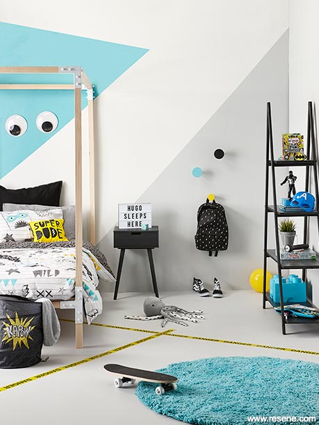 Colourful kid's room with painted wall hooks
