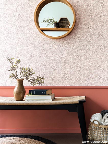 Dusty pink wallpaper  with Resene Apple Blossom panelling