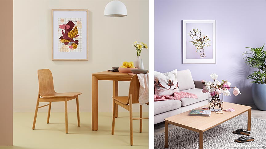 Abstract art - a trendy collage and a lilac room, a fresh option to pink