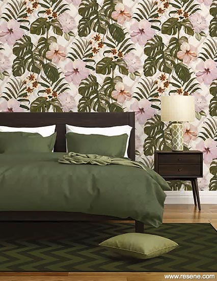 Brings on-trend olive to the walls of this bedroom with a botanical wallpaper