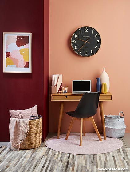 An on-trend study nook using dark and moody colour with a pink undertone