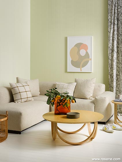 A summery living room in Resene Moon Glow and Resene First Light