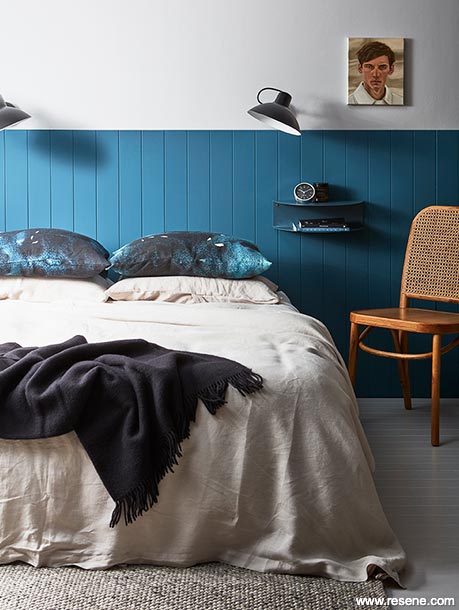 Master bedroom with blue panelling