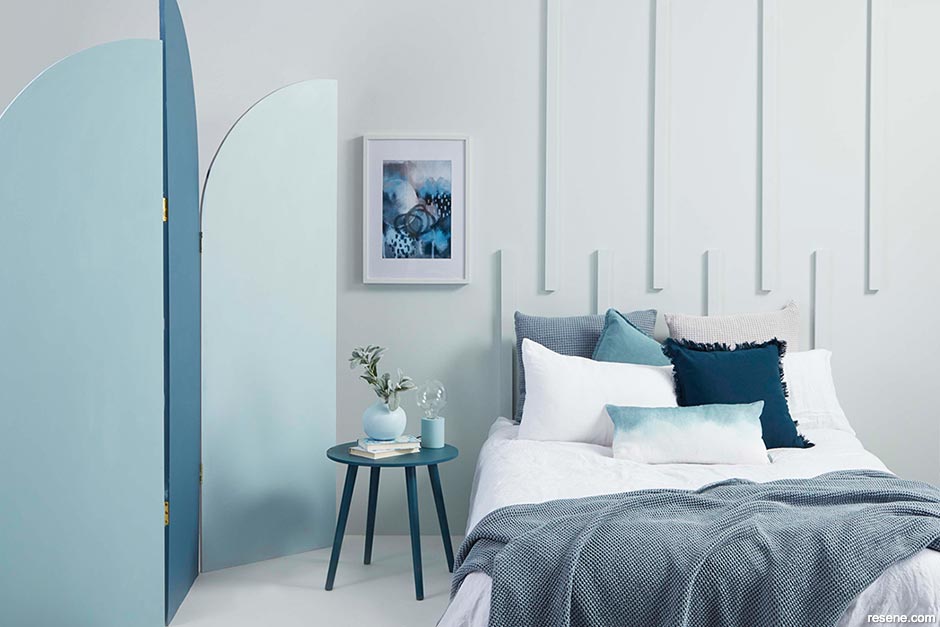 A calming blue bedroom