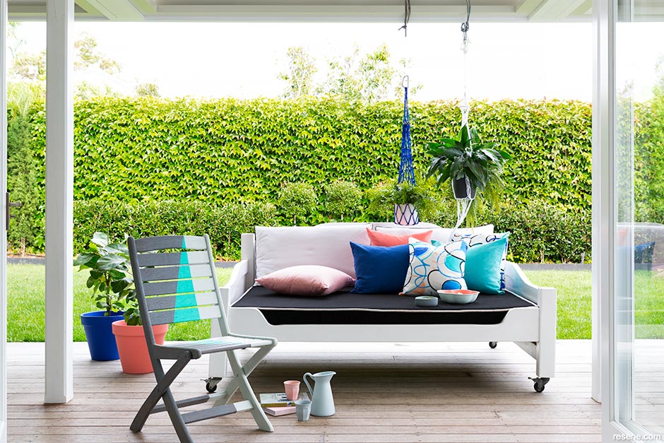 A colourful outdoor living area
