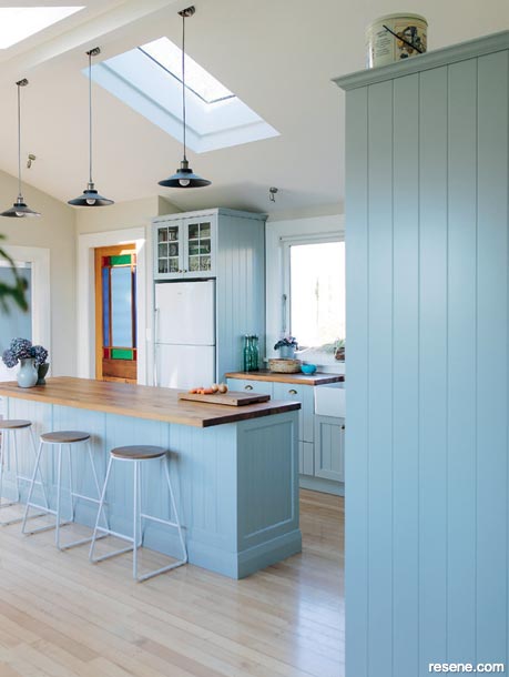 A farmhouse-style kitchen finished in Resene Robin Egg Blue