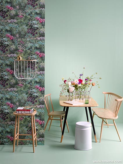 Floral wallpaper with soft muted greens