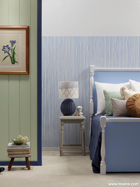 Bedroom with blue and green palette