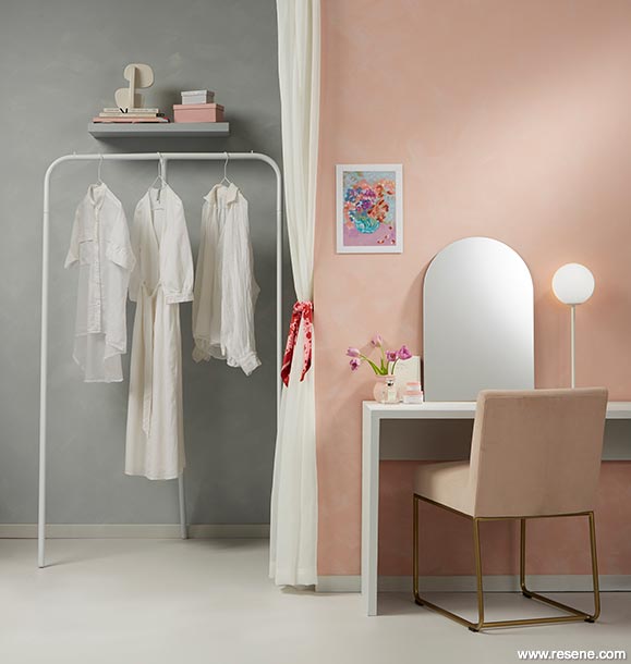 A peach blossom pink and winter grey dressing room