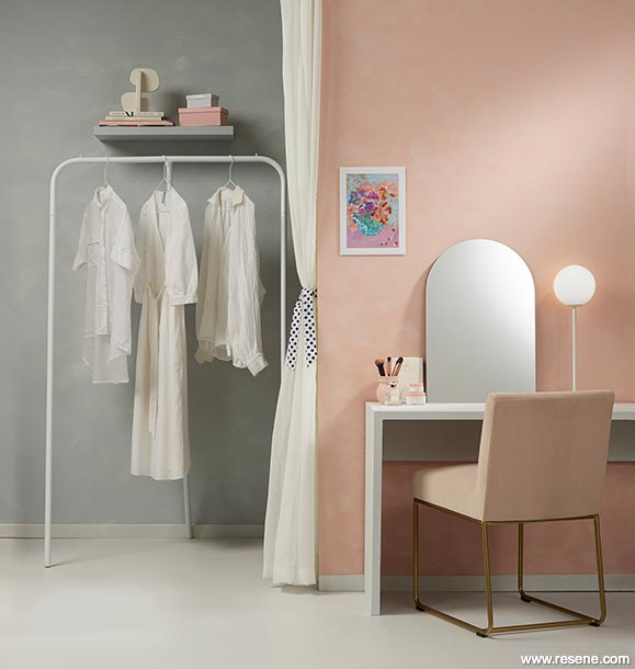 A peach blossom pink and winter grey dressing room