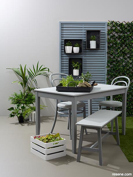 A grey, brown, and blue outdoor space