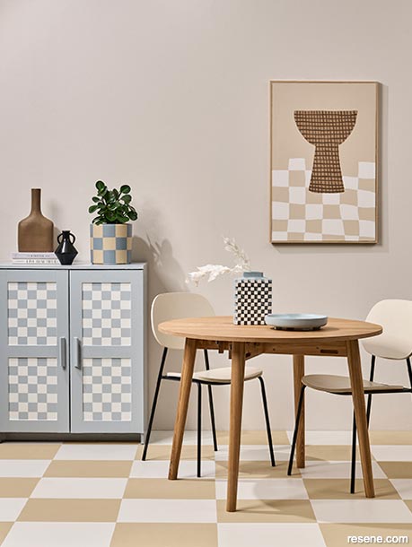 A checkerboard themed dining room