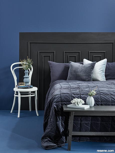 A navy blue bedroom
