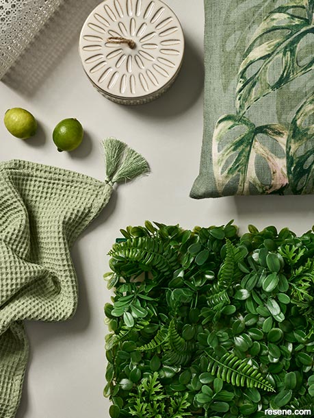 A sophisticated moodboard featuring green hues
