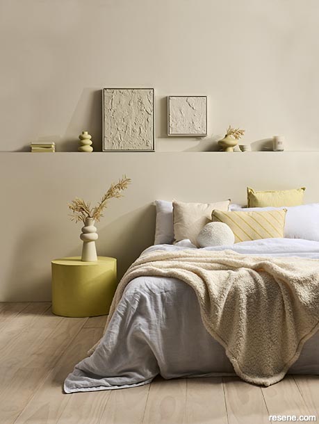 A muted yellow bedroom