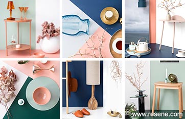 Pink with blues and greens for walls and floors