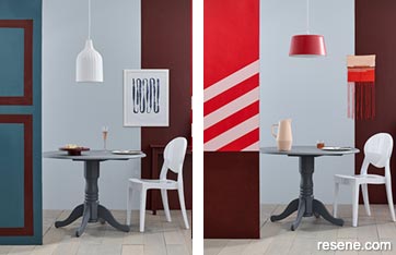 Dining room feature walls grey with burgandy blue and red
