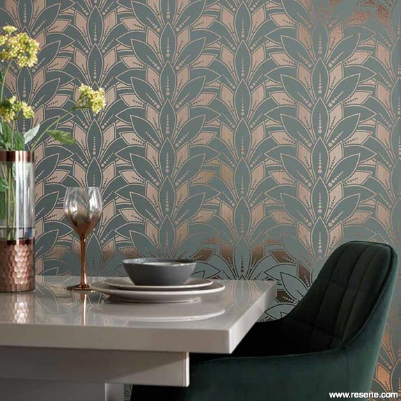 Gold metallic wallpaper in the dining room