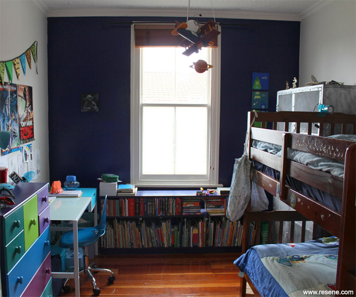 Child's room with Resene Hip Hop  feature wall