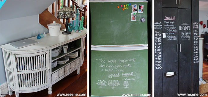Furniture painted with Resene Pearl Lusta and fridge with Resene Blackboard paint