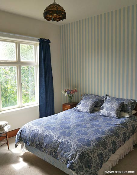 Guest bedroom blue and cream stripes