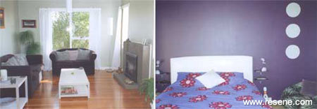 Resene Bud for the lounge and Resene kangaroo and Resene Hot Purple for the bedroom have created the desired atmopheres.