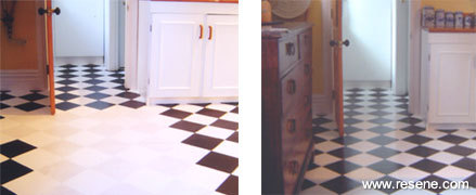 The floor was painted with a tile effect with black and white Resene Lustacryl semi-gloss waterborne enamel