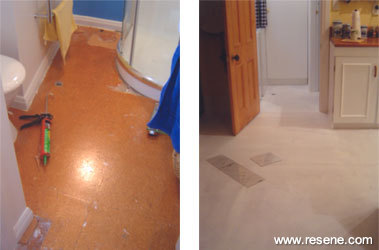 The cork tile floor was prepared and then undercoated with Resene Quick Dry Acrylic Primer Undercoat