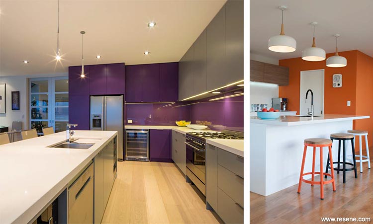Bold coloured kitchens - purple kitchens, orange kitchens