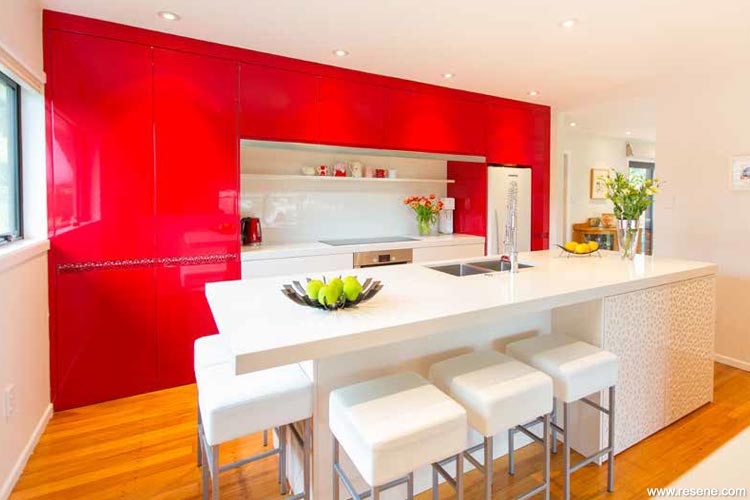 red feature wall in the kitchen