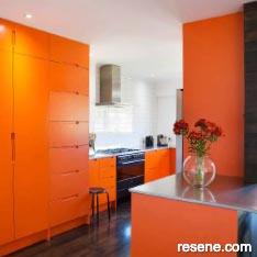 An attention-grabbing orange kitchen