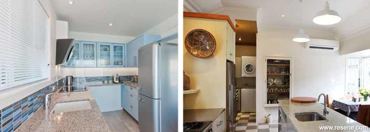 A retro kitchen and bright cupboard cabinets.