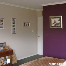 Purple and beige bedroom