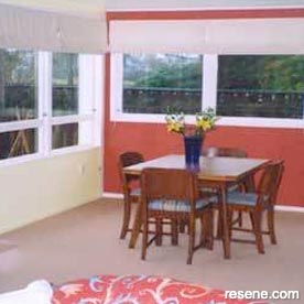 Red and white dining room