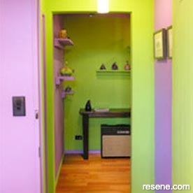 Green and purple hallway