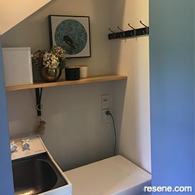 A fresh blue and white laundry room