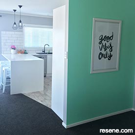 Teal and white kitchen