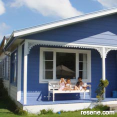 Blue and white cottage exterior