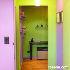 Green and purple hallway